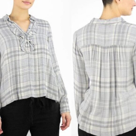 XIRENA Ali Top Dovetail Flannel Ruffle Grey Blouse Size Small Plaid Popover USA - Picture 2 of 10